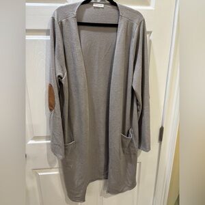 Gray Open Front Cardigan with Brown Elbow Patches